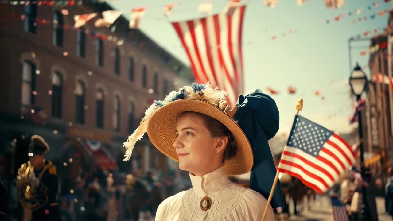 愛国的なパレードでアメリカ国旗を持つヴィンテージ衣装の若い女性