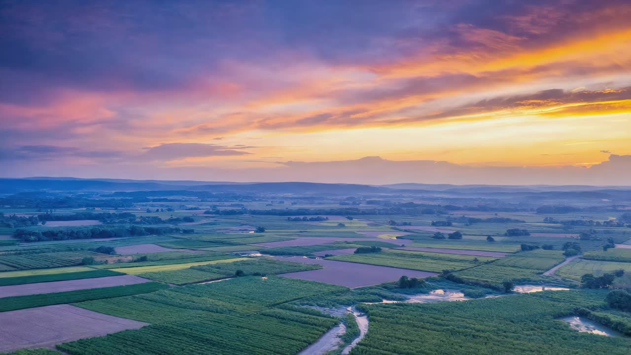 Aerial View of Farmland Under a Vibrant Sunset Sky