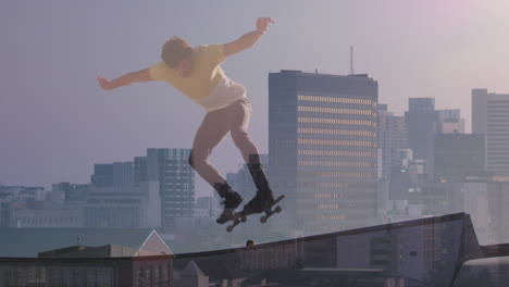 animation of caucasian boy skateboarding over cityscape