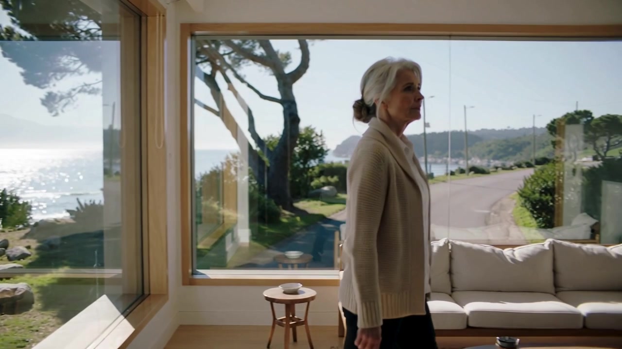 Seeing sunlight on sea, senior woman moving toward window at home, wearing tan cardigan and pants