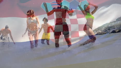 people running in water with croatian flag animation over them