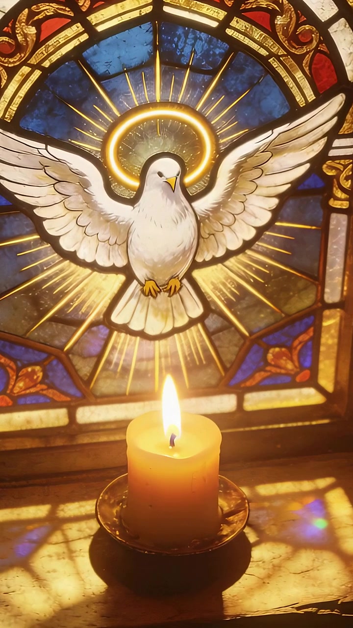 Video verticale: Fiamma di candela che sfarfalla, colomba in vetrata che riflette luce colorata sul davanzale della cappella.