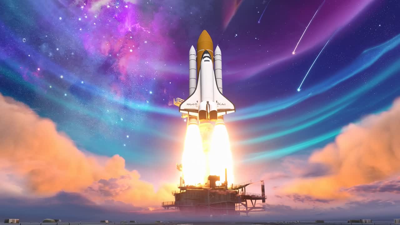 A video still of a space shuttle launching, captured from a low angle with a vibrant cosmic sky