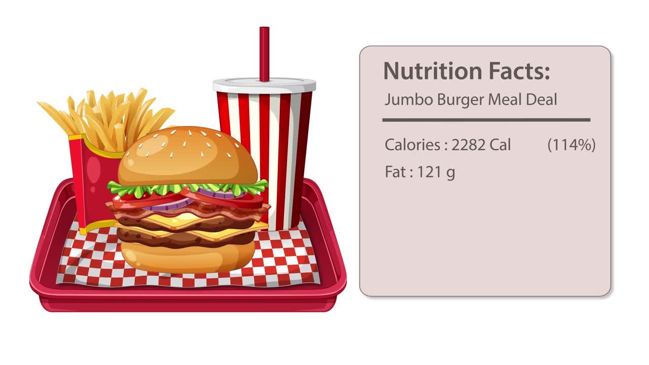 Animated sequence builds a burger meal with fries and soda on a tray, followed by a nutrition facts panel appearing beside the meal. Flat vector style, smooth transitions