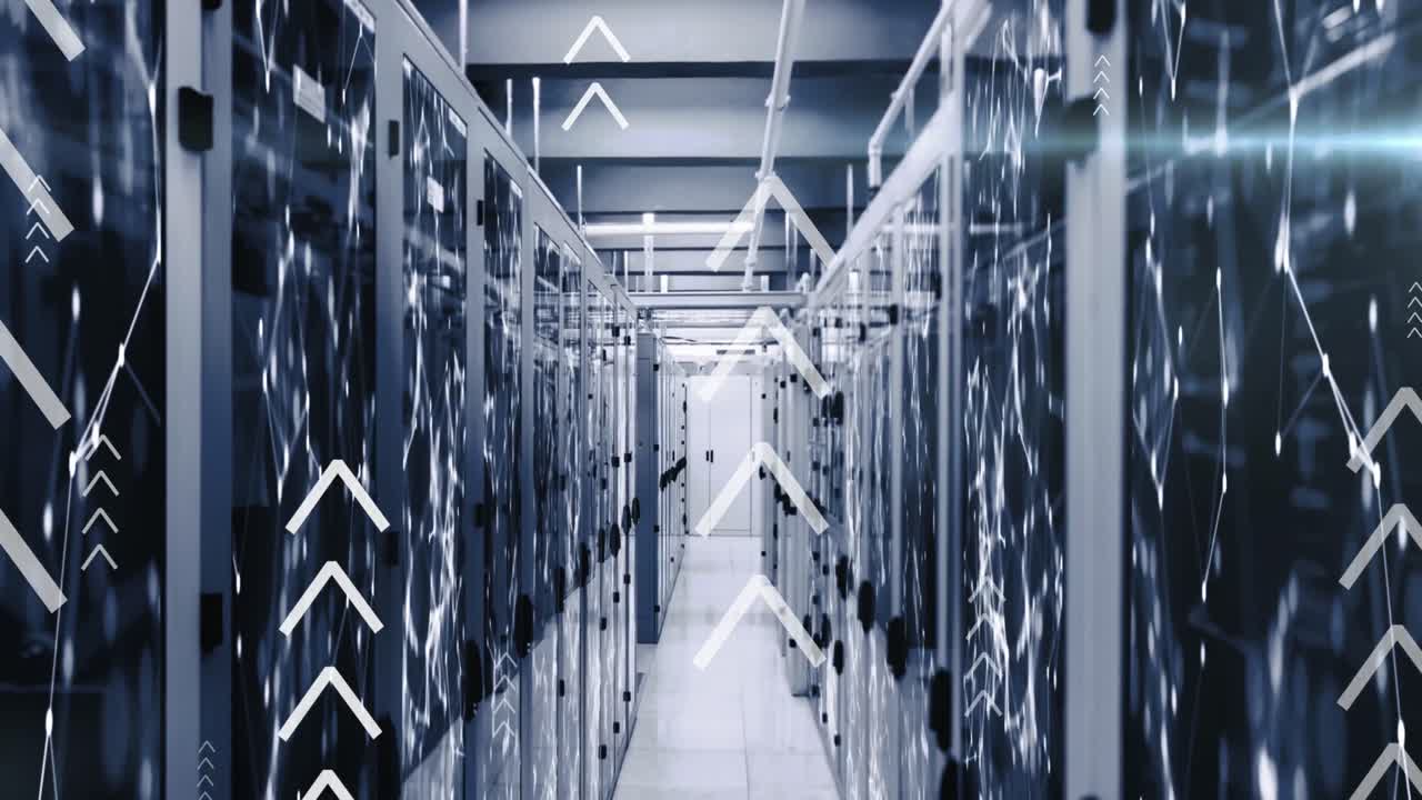 Animation of arrows over connected dots on data server racks in server room