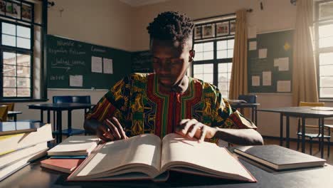 a student in vibrant attire studies at a desk in a sunlit classroom
