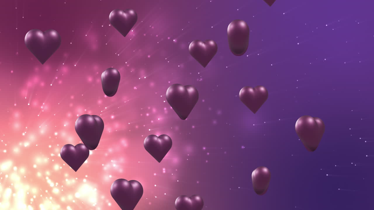 Animation of purple hearts over light spots on purple background