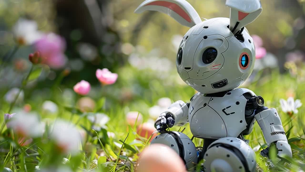 Un simpatico coniglio robot seduto in un campo di fiori primaverili