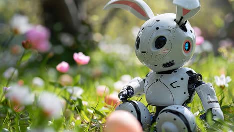 a cute robot bunny sitting in a spring flower field