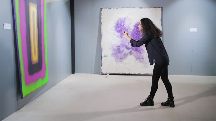 Donna che scatta foto di arte astratta in una galleria