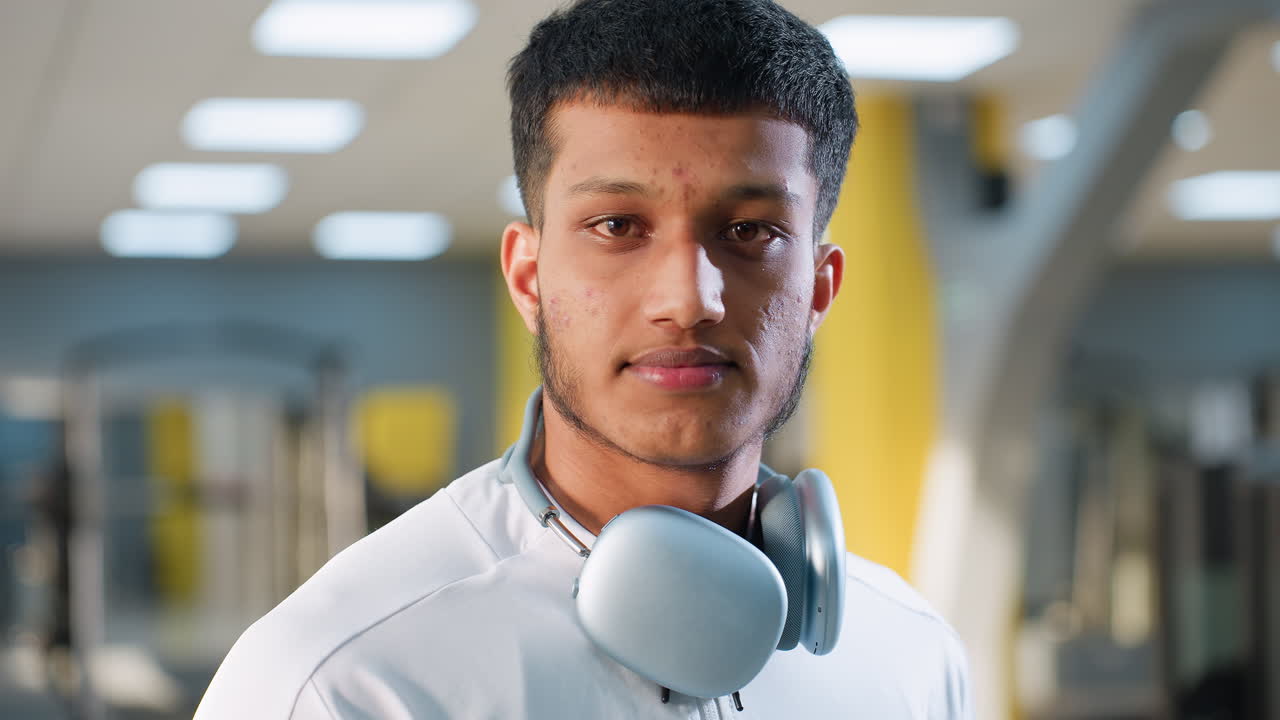 Man in white sportswear poses with calm and elegant expression in modern gym, headphones resting around neck, soft lighting and workout equipment in background