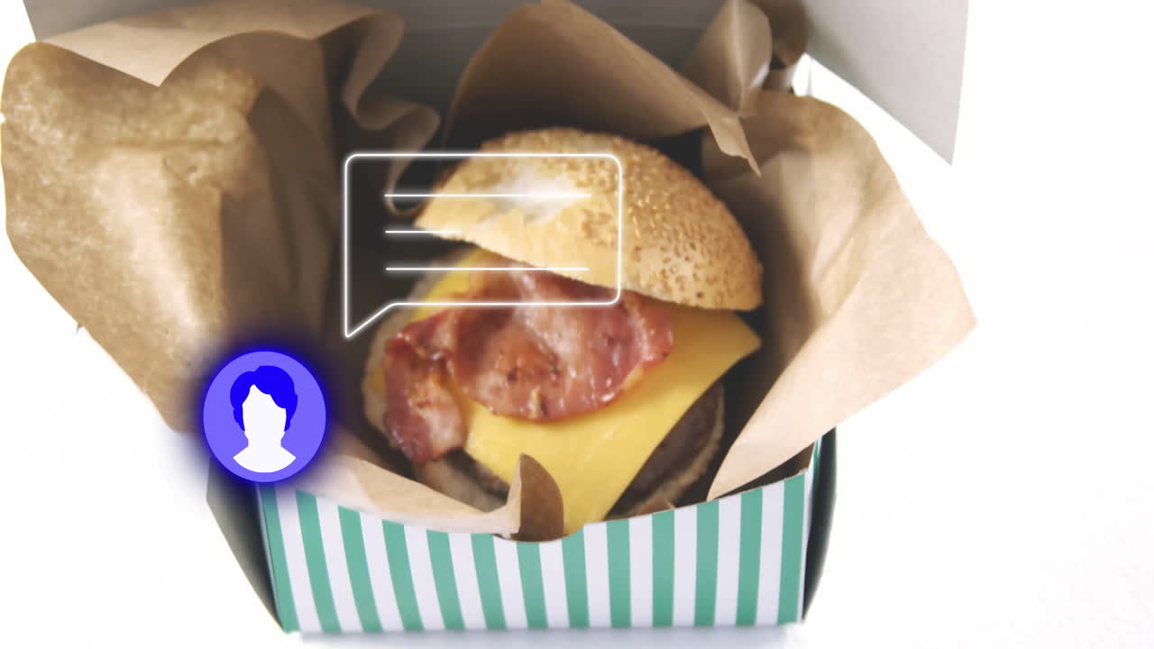 Burger with cheese and bacon in box, social media notification animation overlay