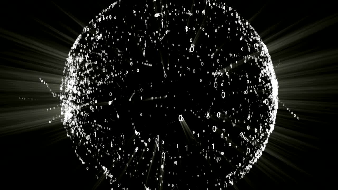 정보가 방출되는 두 개의 파란 기둥을 가진 구, 0과 1의 패이 지구를 연결하는 구, 2개의 극단 사이의 통신, 지구에서 디지털 정보의 교환, 인터넷 데이터 센터.