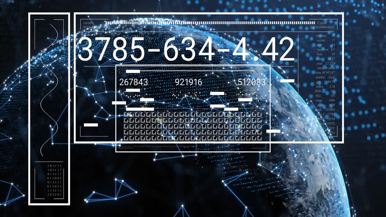 animación de la interfaz con el procesamiento de datos y la red de conexiones en un globo.