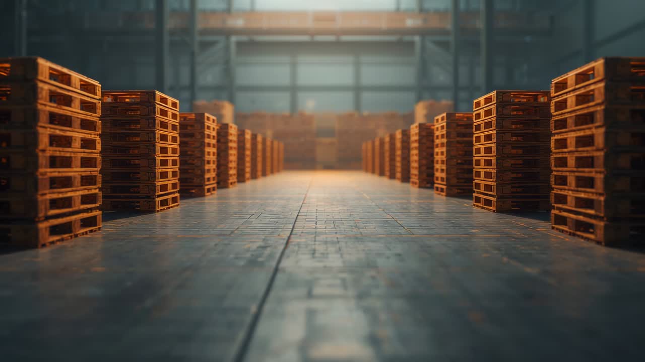 Camera gliding forward along aisle, revealing wooden pallets and metal racks, showing back windows