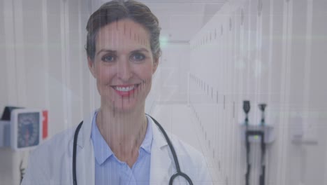 animation of lightning icon in circle over caucasian female doctor with clipboard over server room