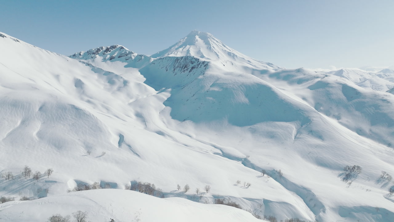 Aerial overview of snow covered mountain slopes and scattered trees in winter, pristine arctic landscape with minimal trees