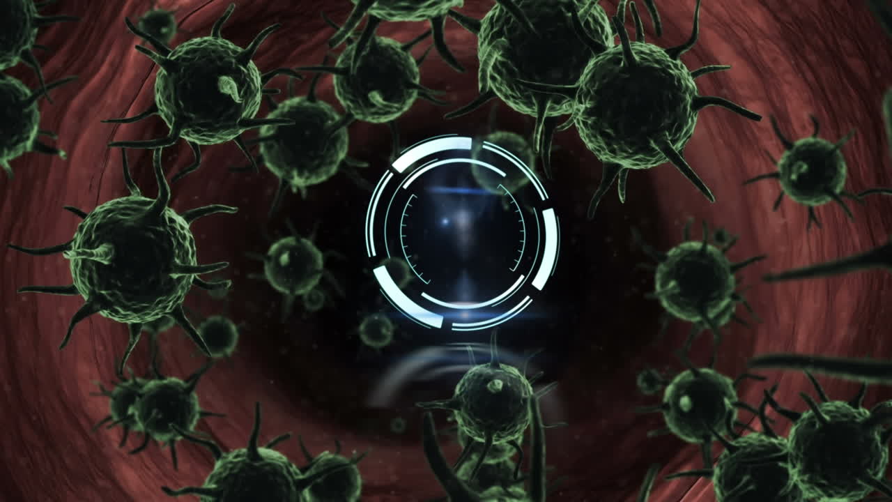 animación del reloj y el escaneo del alcance de las células de covid