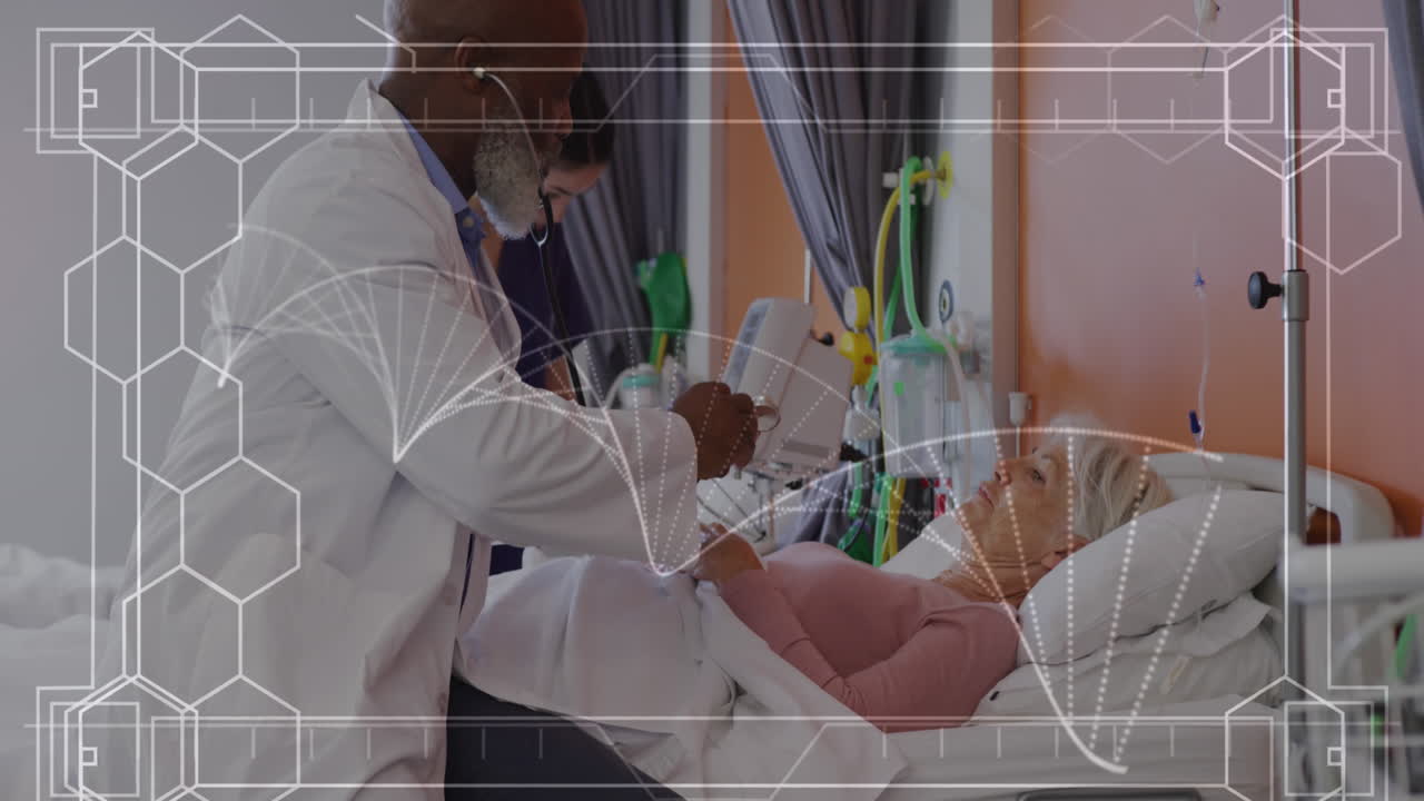 animación de cadena de adn y datos sobre un médico afroamericano con una paciente femenina.