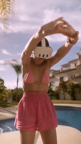 woman in vr headset by a pool