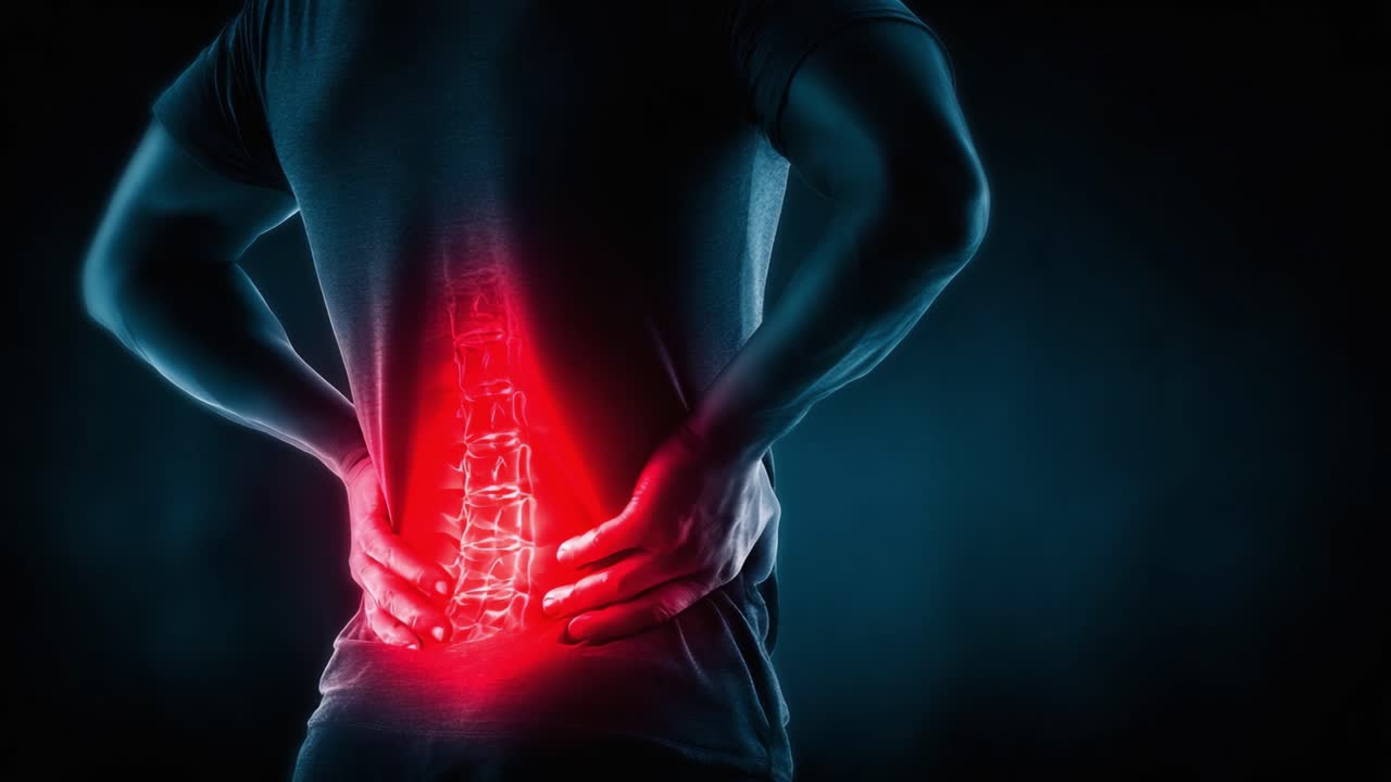Representação Visual da Dor Lombar Crônica: Uma Ilustração Artística do Desconforto Lombar Destacada por Energia Radiante na Região da Coluna Vertebral.