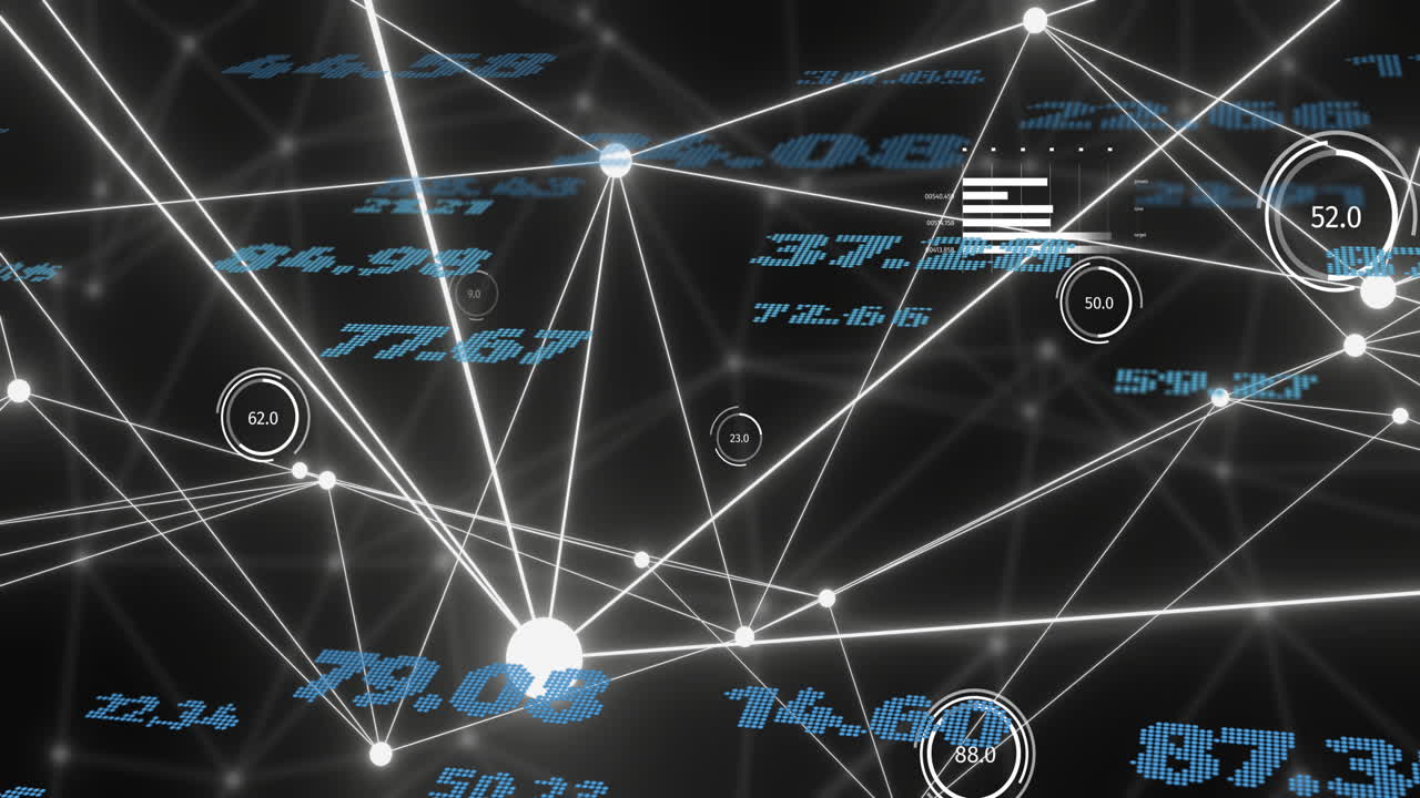 Animation of network of connections and data processing over dark background