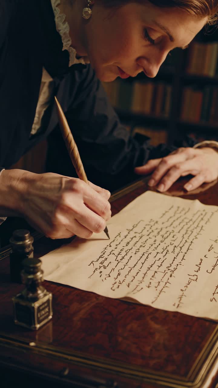 A vintage-style video scene shows a woman writing at a wooden desk in a library