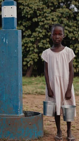 young girl patiently waiting near water collection point, holding metal buckets at remote rural location, representing water scarcity challenges facing developing communities