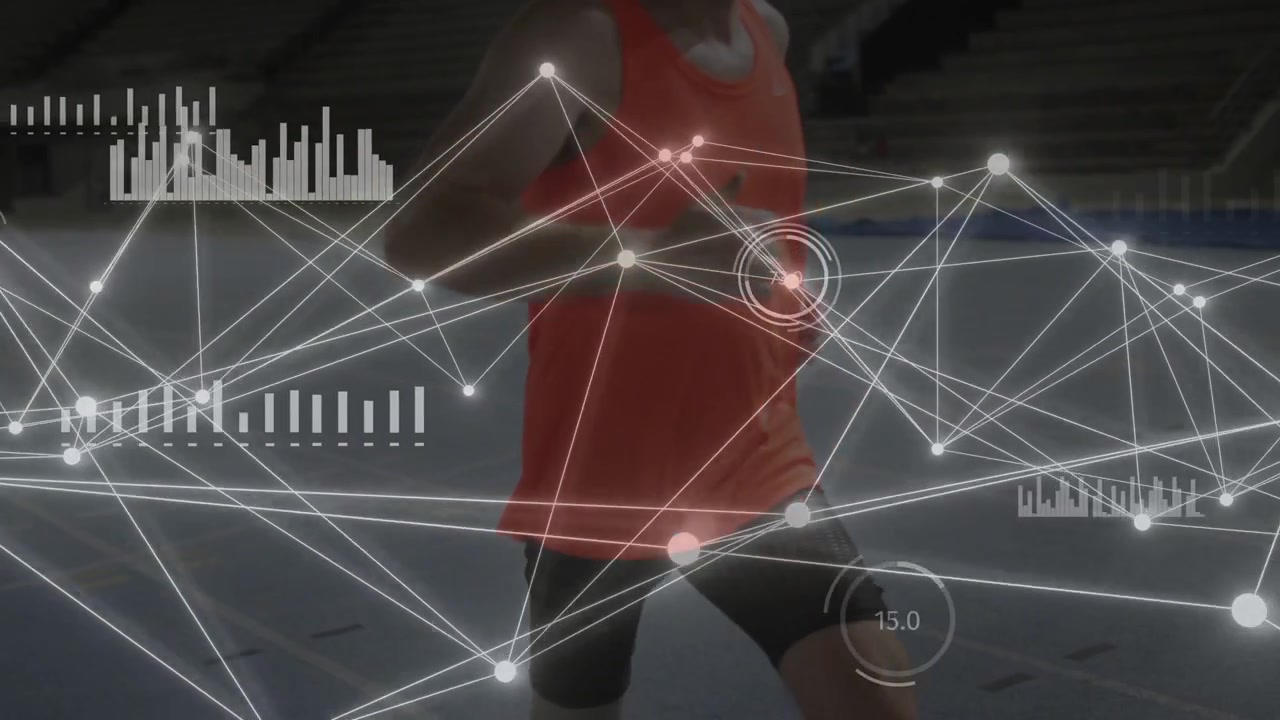 Male runner running across court, wrist band activating HUD intensifying overlaying biometrics
