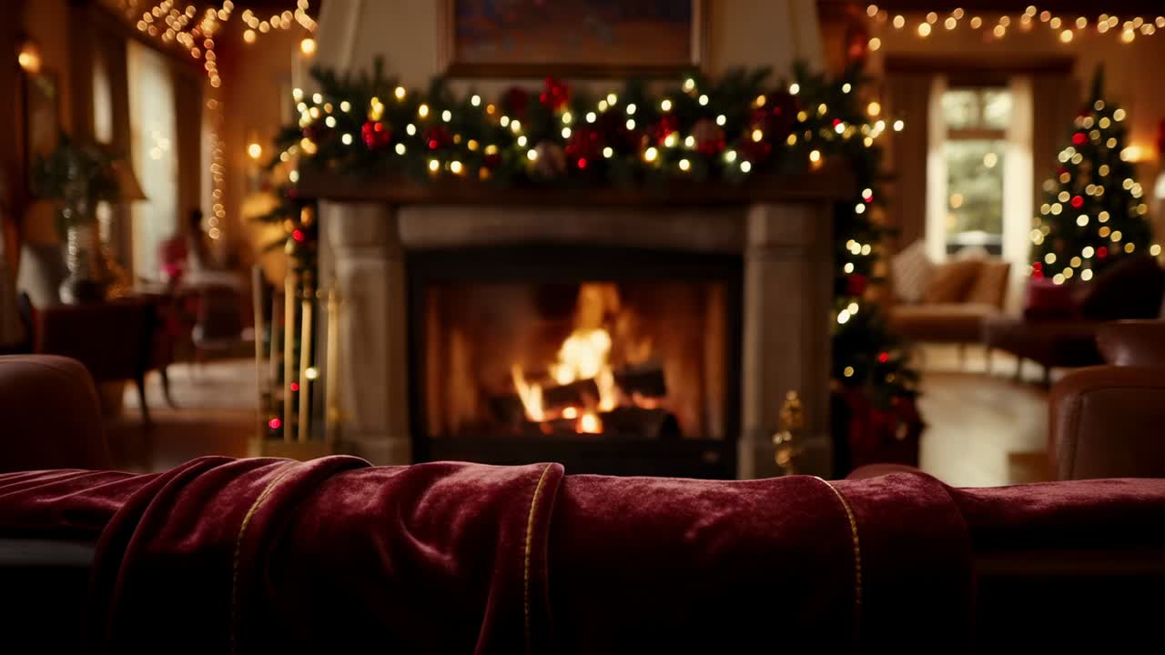 Pushing dolly moving camera forward, showing fireplace in living room with burning logs and garland
