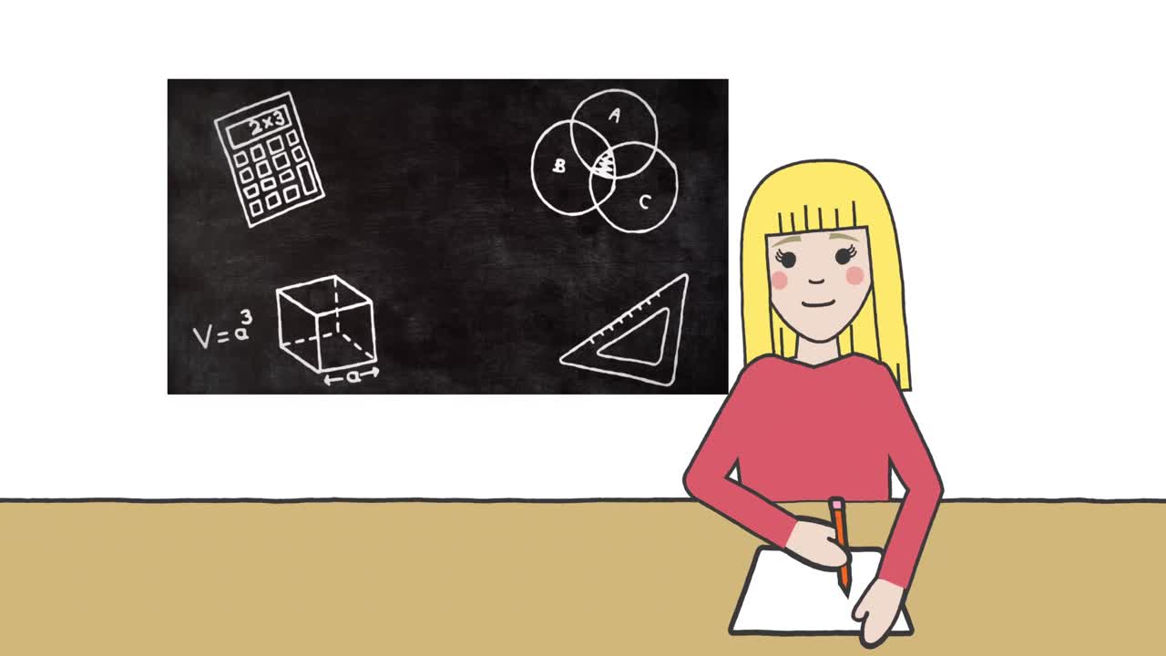 Animation of schoolgirl taking notes over blackboard with school items icons on white background