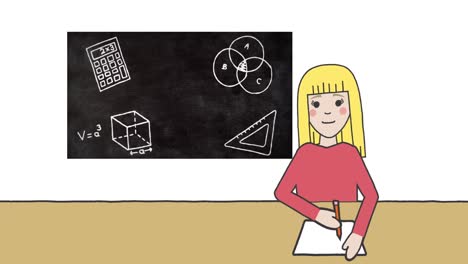 Animation-Eines-Schulmädchens,-Das-Notizen-über-Einer-Tafel-Mit-Symbolen-Für-Schulgegenstände-Auf-Weißem-Hintergrund-Macht