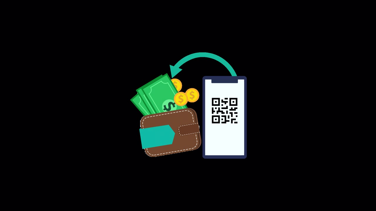 Animated Digital Payment Transferring Money from Smartphone QR Code to Wallet