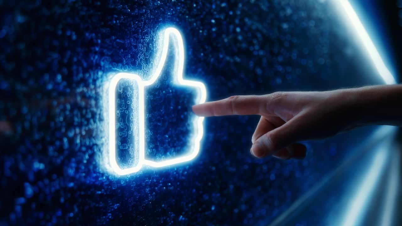 A hand poised to interact with a glowing thumbs-up icon, symbolizing engagement and approval in a digital environment enhanced by mesmerizing blue lights and sparkles