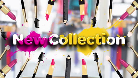 animation of new collection text and fashion items icons over fashion studio