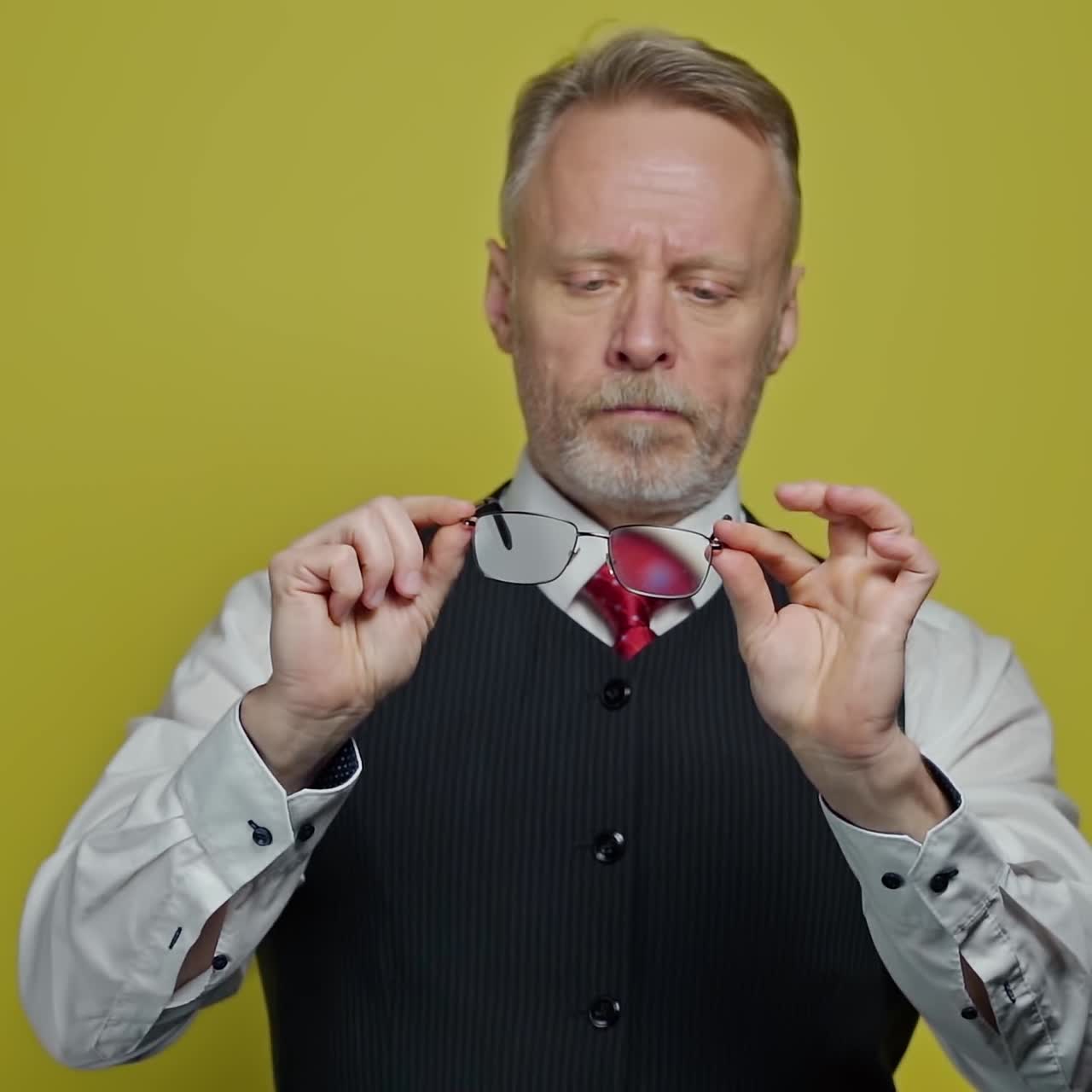 Senior man holds new glasses isolated in yellow studio. Mature man looking attentively at his glasses and becomes happy.