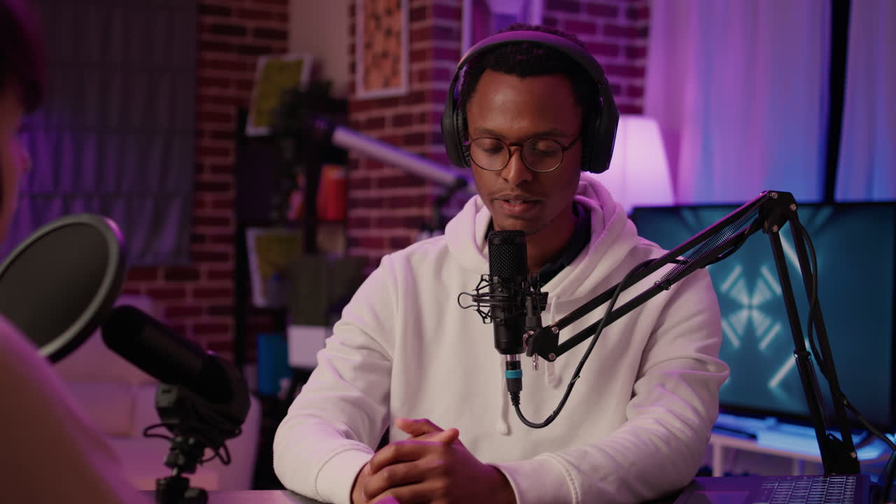 African american internet show host interviewing famous influencer for social media podcast