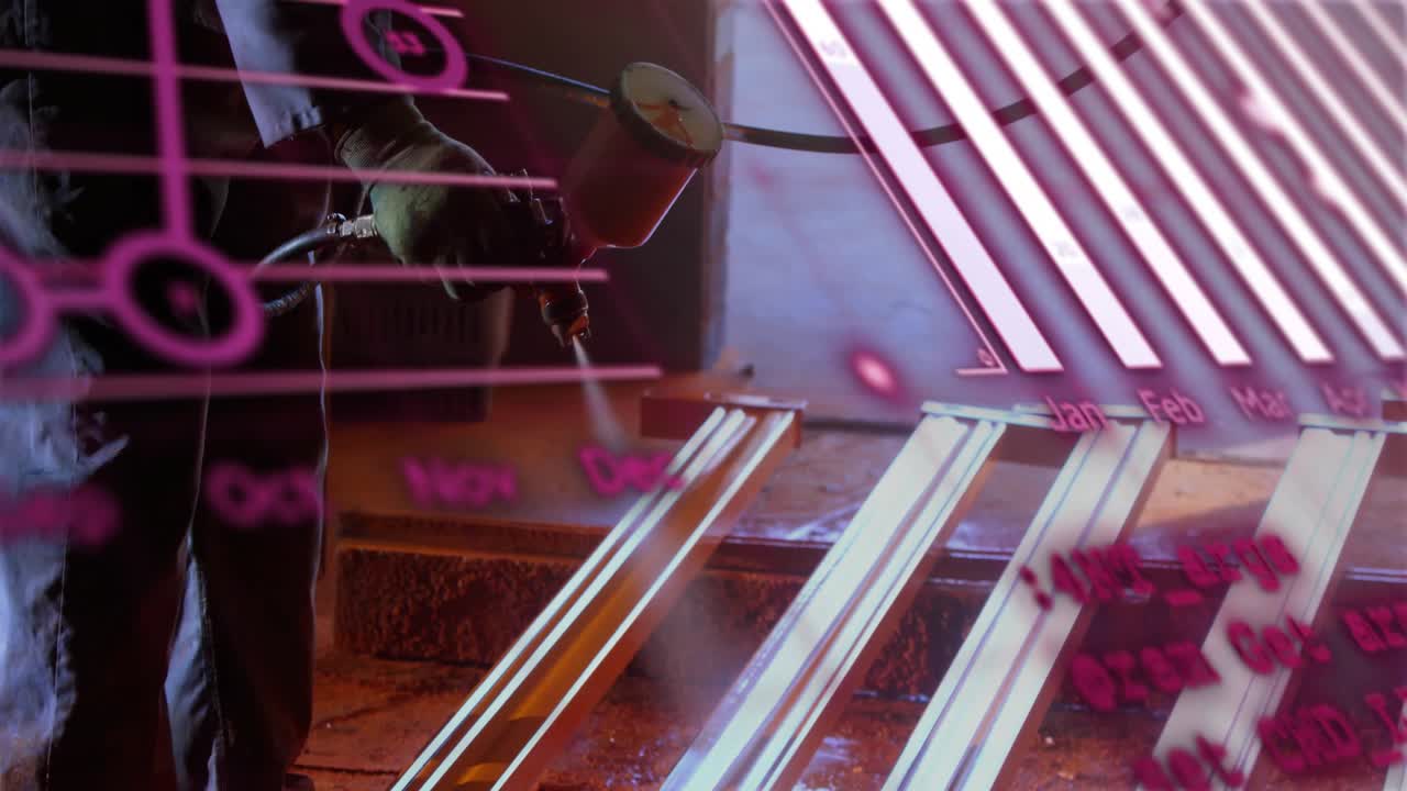 Metalúrgico aquecendo vigas enquanto gráficos de barras rosa neon sobem, exibindo o crescimento da produção mensal em 3D.