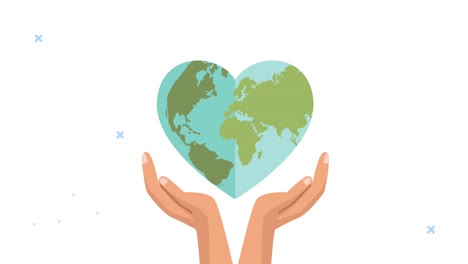 world heart day animation with hands lifting earth with heart shape