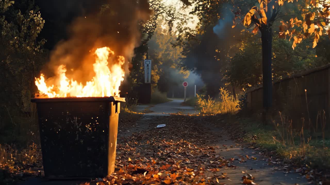 A trash can on fire in the middle of a dirt road