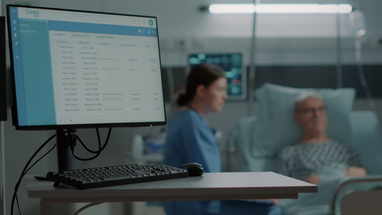 Nurse comforting sick patient in hospital ward bed