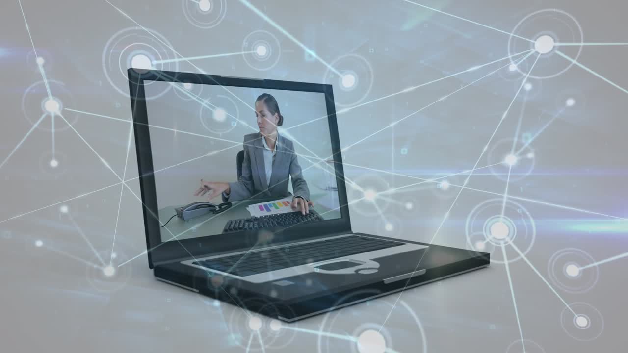 Animation of network of connections and light trails against business data processing on laptop