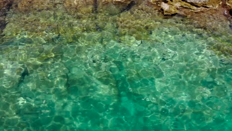 Crystal-emerald-clear-sea-on-rocky-shore-reflecting-sunshine,-water-texture-for-copy-space