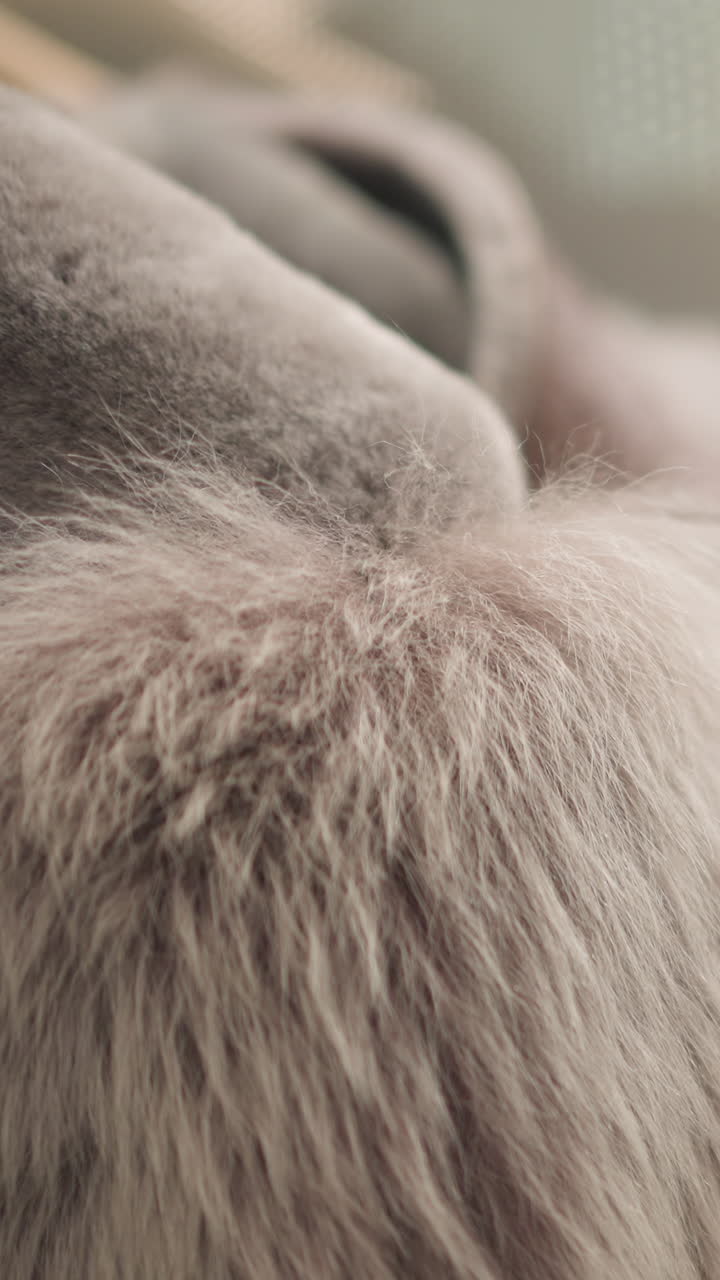 부드럽고 부드러운 털 목걸이를 가진 우아한 갈색 재의 클로즈업, 어리에 표시되어 고급스러운 텍스처와 현대적인 패션 세부 사항을 강조하고, 배경에는 흐릿한 에스컬레이터 시야가 있습니다.