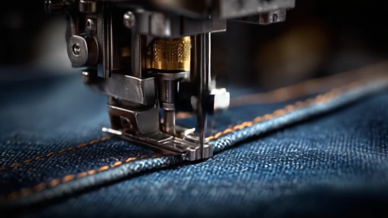 Close-up de uma máquina de costura com linha costurando tecido jeans, destacando o detalhe no processo de costura para a confecção de vestuário