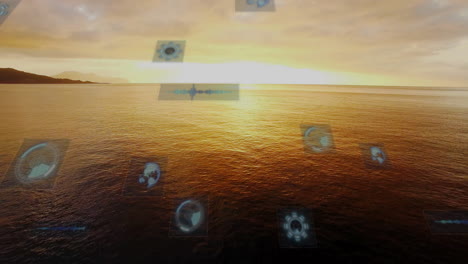 digital interface icons floating over ocean at sunset in animation scene
