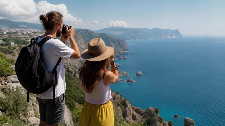 Pareja joven disfrutando de las vistas de la costa desde un mirador en un acantilado alto mientras viajan.