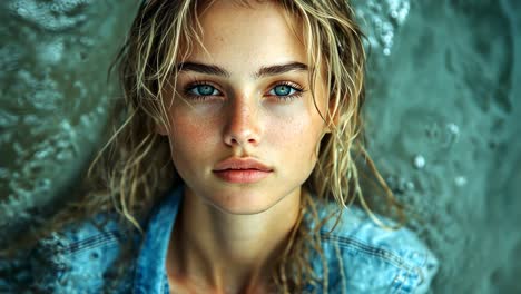 young woman with blue eyes relaxing in water at sunset