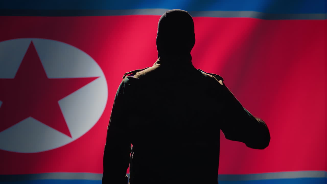 북한 국기를 향해 손을 휘두르며 인사를 하는 군인