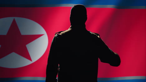 soldier doing saluting hand gesture towards north korea flag